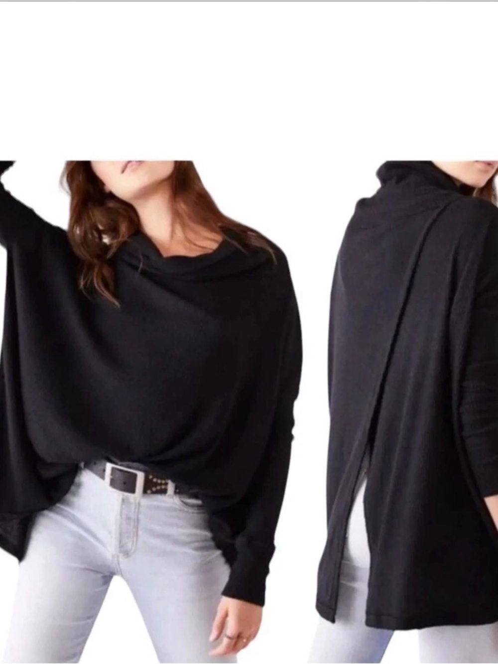 Free People Juicy Long Sleeve Thermal Tunic Back Split Woman’s Top Black NWT XS - Picture 3 of 4